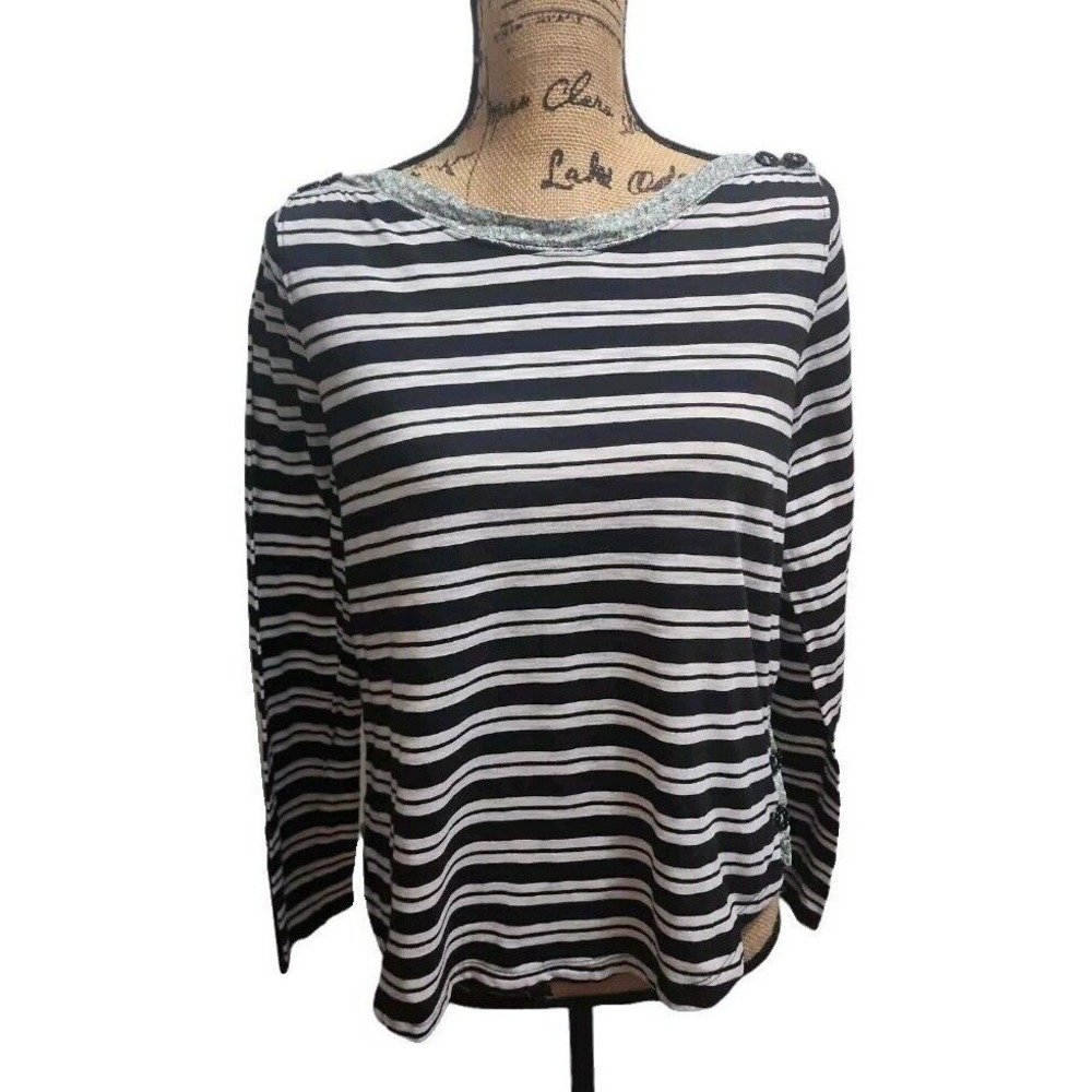 Anthropologie Striped Long Sleeve Top Gray Trim Casual Size Medium